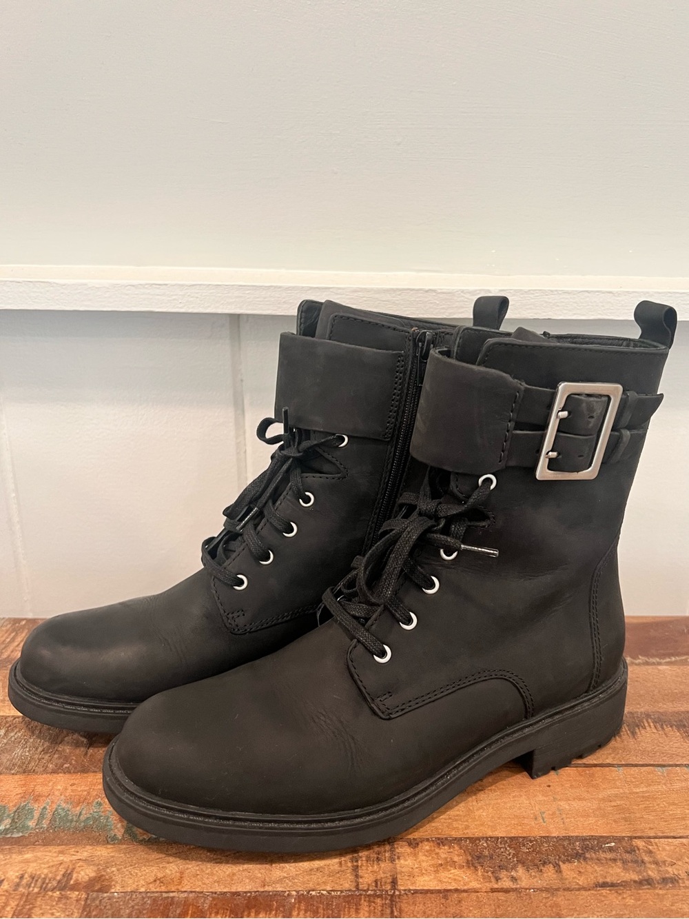 Clarks Black Women's Lace-Up Combat Boots with Buckle